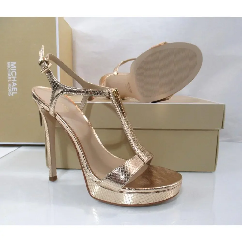 Michael Kors Berkley Stiletto Platform Heels Sandals Leather Pale Gold - Picture 7 of 7